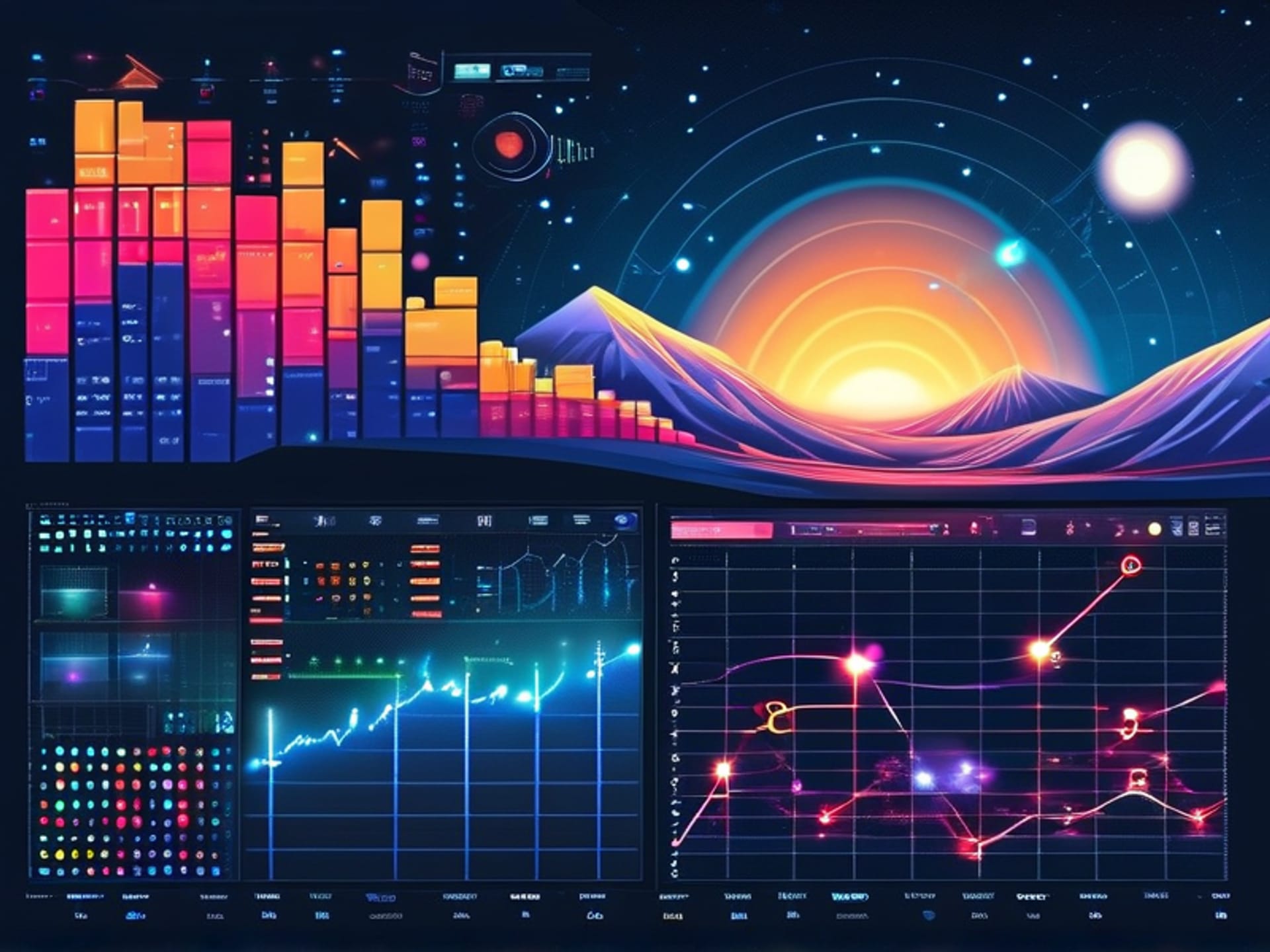 A split-screen visual concept: left side shows colorful, modular Notion blocks forming a vibrant dashboard; right side shows a dark, intricate Obsidian graph view with glowing connections, stylized contrast, digital art