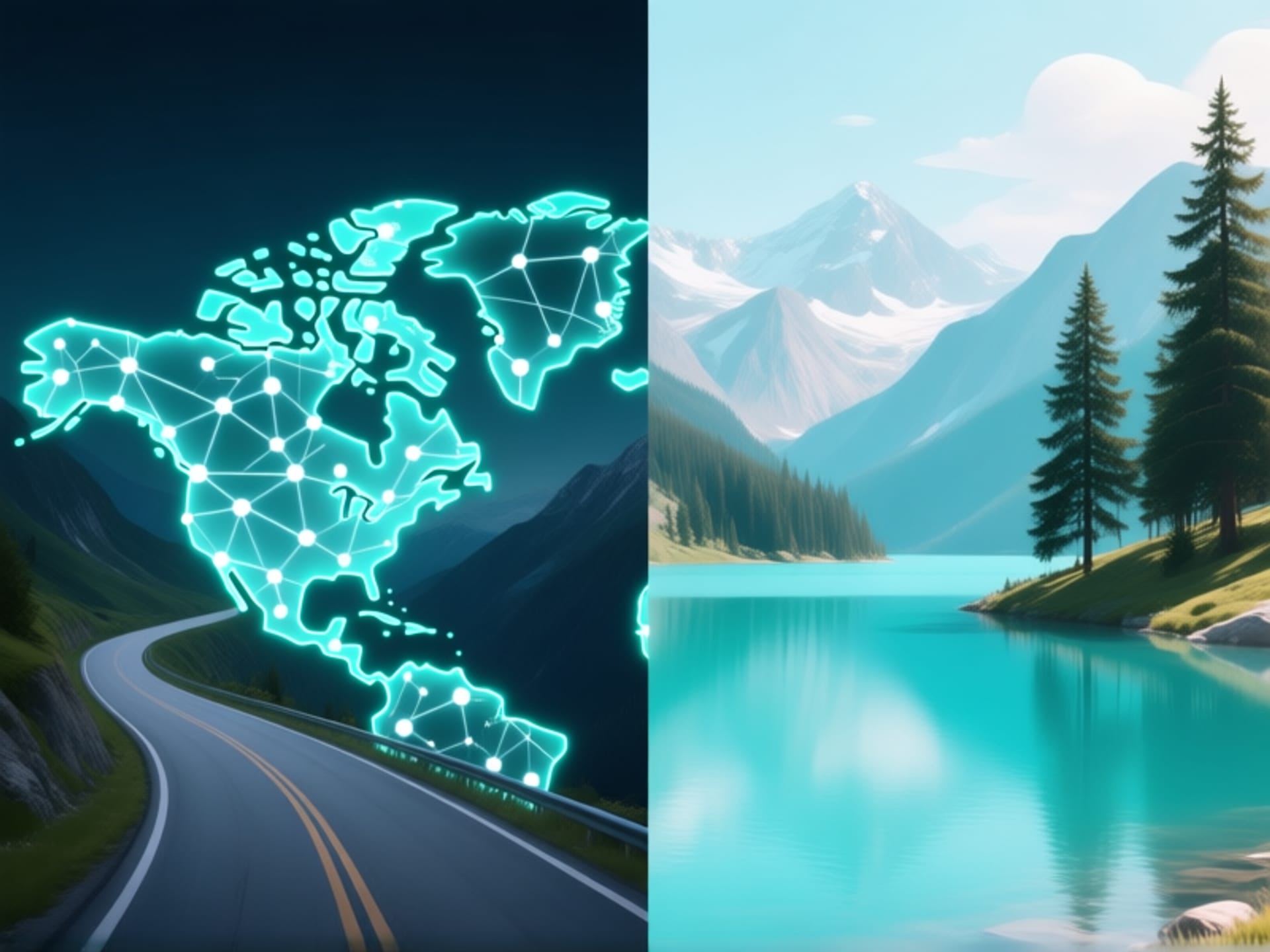 AI Image Prompt: Split-screen image. Left side: A glowing, abstract network map overlaid on a winding mountain road. Right side: A serene, turquoise alpine lake with pine trees. The contrast between digital and natural, clean infographic style, soft colors --ar 16:9