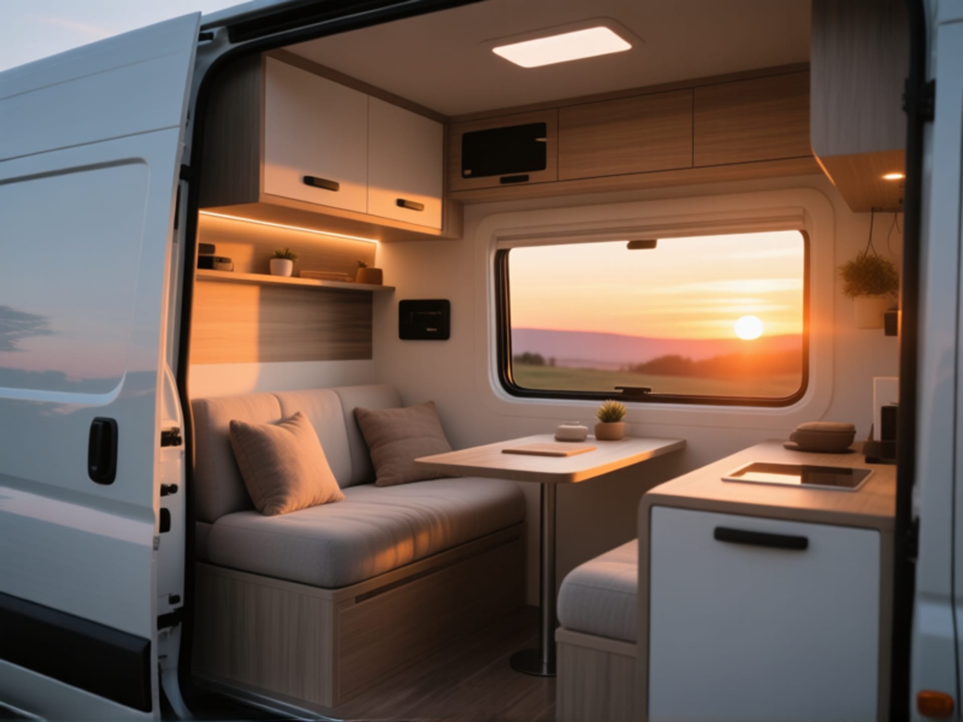 A modern van conversion interior at sunset, cozy minimal setup, everything has a specific place, warm light streaming through the window, photorealistic, serene atmosphere