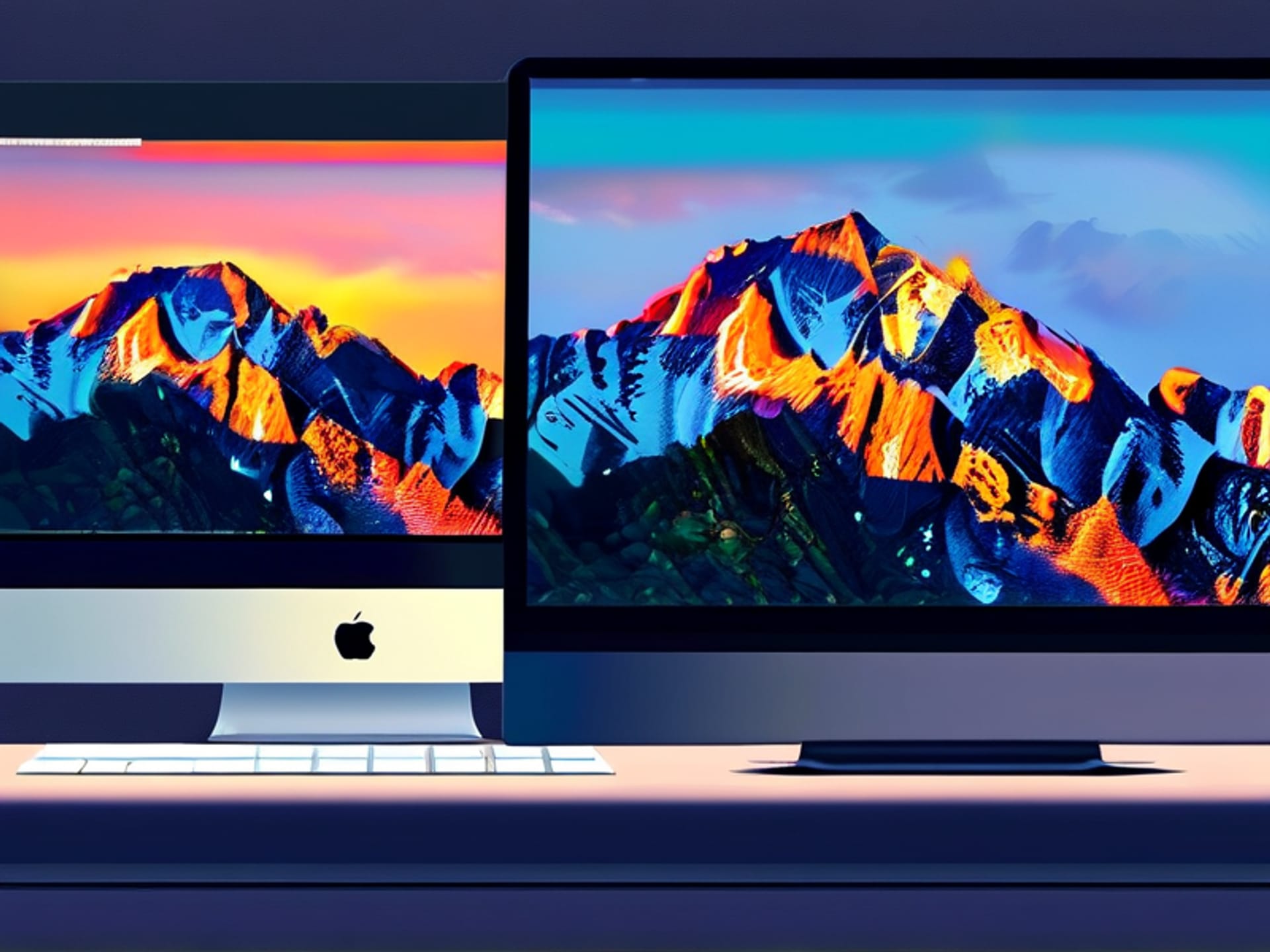 A sleek split-screen computer monitor. On the left screen, a vibrant scene from a Spanish film. On the right, a close-up of the same scene with two subtitle tracks displayed: Spanish on top, English below. Style is clean, modern UI, with a subtle bokeh background. –ar 16:9